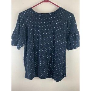 14 & Union Size L Womens Top Short Ruffle Sleeve Black Polka Dot Scoop N…